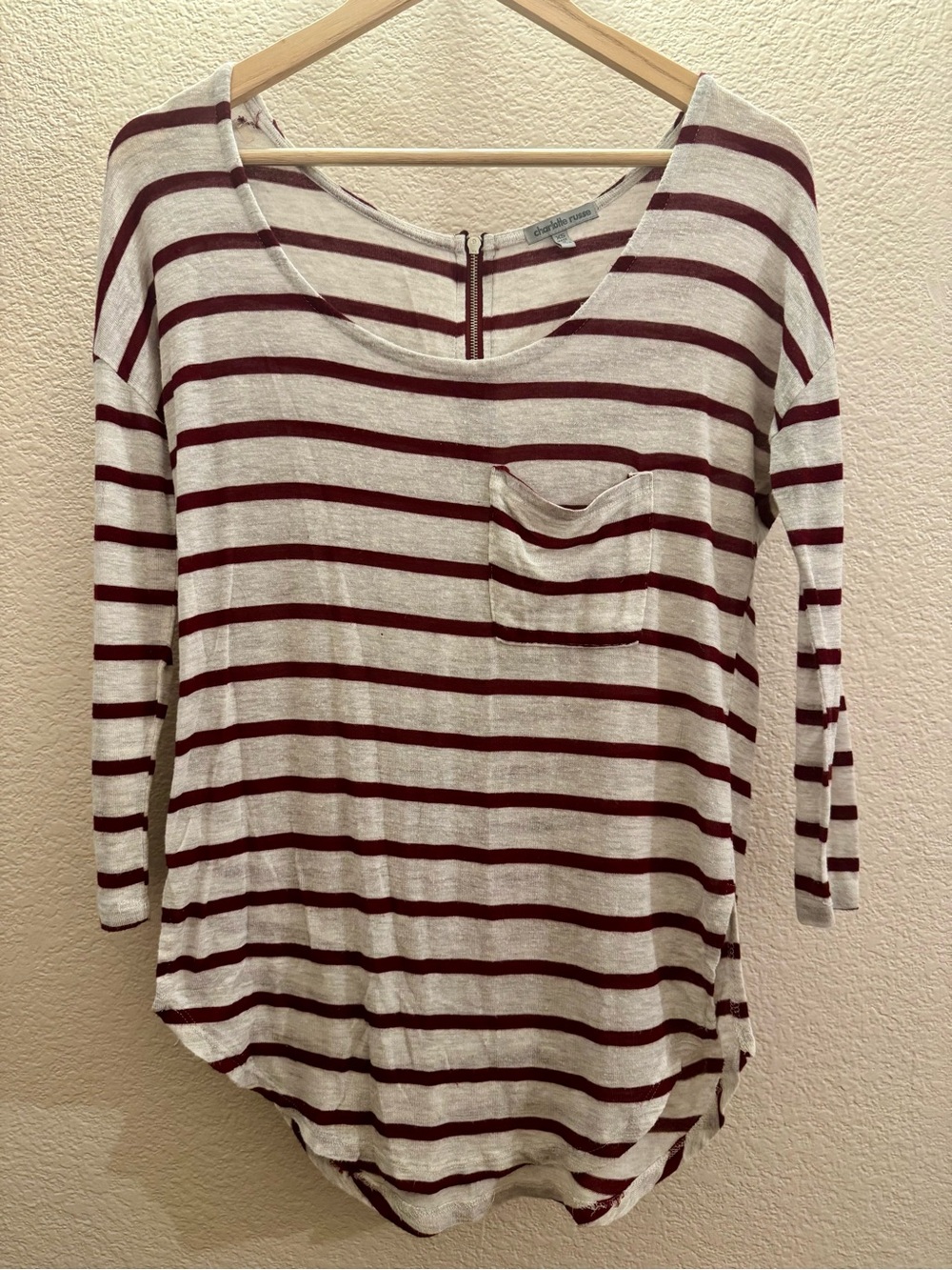 Burgundy-Striped Sleeve Tee